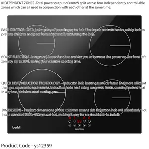 60cm 6800W 4 Zone Electric Induction Cooktop - Premium Black Glass Touch Control