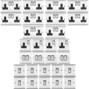 SATIN STEEL House Socket & Switch Set -14x Light & 14x Switched UK Power Sockets