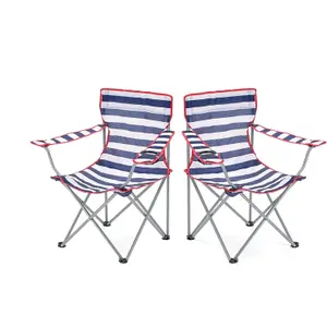 Outdoor Garden Patio Camping Lightweight Blue and Red Striped Folding Chairs With Cup Holder & Arm Rest