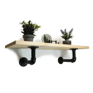 Solid Pine Rustical Shelf Primed Black Industrial Pipe Bracket 25x90cm