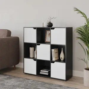 URBNLIVING 9 Cube Grey Wooden Bookcase Shelving Display Shelves Storage Unit Wood Shelf White Door