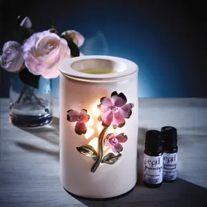 Floral Design Ceramic Aroma Lamp - Mains Powered Flame-Free Essential Oil Burner Aromatherapy Fragrance Light Up Diffuser