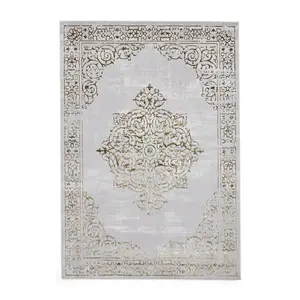 Gold Silver Traditional Abstract Bordered Easy To Clean Rug For Living Room Bedroom & Dining Room-120cm X 170cm