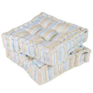 Set of 2 Blue Striped Outdoor Garden Chair Box Seat Pad Cushions