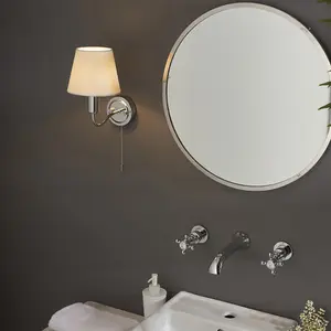 Bathroom Wall Light Fitting - Chrome Plate & Ivory Fabric Shade - Modern