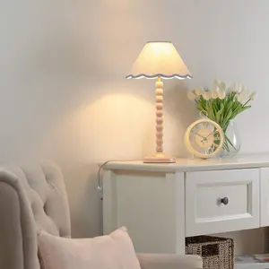 ValueLights Bobbles Rose Pink Bobbin Table Lamp with Blue Trim Scallop Shade - LED Bulb Included