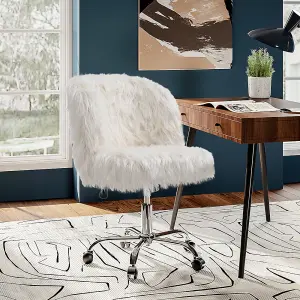 White Modern Fluffy Faux Fur Office Ergonomic Chair Height Adjustable