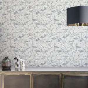 Clarissa Hulse Wild Chervil Blue & White Silver effect Smooth Wallpaper