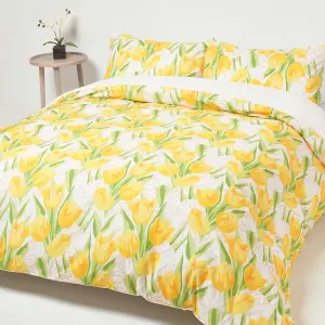 Homescapes Yellow Tulips Digitally Printed Cotton Duvet Cover Set, Super King