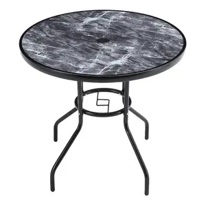 Round Stone Grain Marbling Table Toughened Glass Patio Table Umbrella Hole 80cm Dia