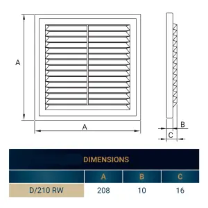 SQUARE air vent with no screws visible cover plate and fly screen,flat back (210mm high x 210mm wide)