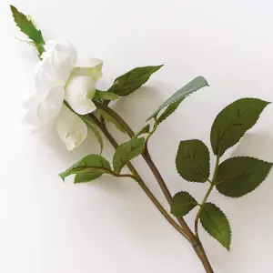 Bloom Artificial Single Ruffled White Rose Flower Stem - Faux Fake Silk Flower Indoor Home Decoration Floral Arrangements - L55cm