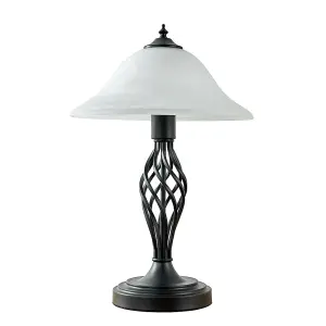 ValueLights Memphis Satin Black Barley Twist Table Lamp with Frosted Alabaster Shade - Complete with 6w LED Bulb In Warm White