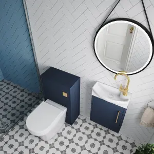 Power Cloakroom Bundle - Left Wall Hung Vanity Unit, Concealed Cistern WC Unit, Toilet & Tap, 440mm - Blue/Brass - Balterley