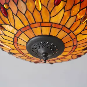 Tiffany Glass Semi Flush Ceiling Light Flame Dragonfly Inverted Shade i00045