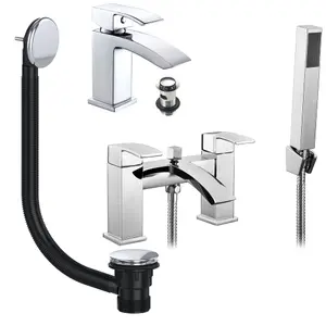 Chrome Lucia Waterfall Basin & Bath Shower Mixer Tap Pack Including Bath Waste