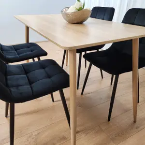 Rectangle Oak Effect Kitchen Dining Table With 4 Black Velvet Tufted Chairs Dining Set