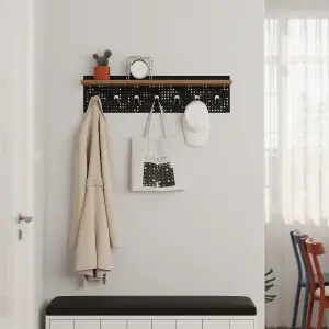 Decortie Modern 7 Hooks Wall Mounted Popy Hanger with Floating Shelf Laser-cut Metal Surface Oak