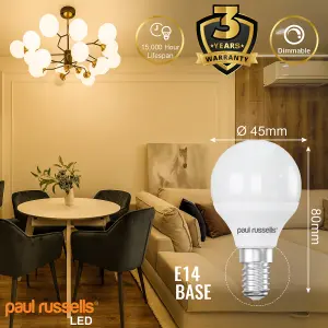 paul russells LED Golf Dimmable Bulb Small Edison Screw SES E14, 5.5W 470Lumens G45, 40w Equivalent, 2700K Warm White