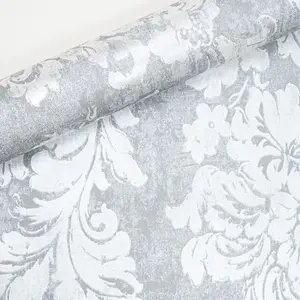 Floral Damask Grey Wallpaper Shimmer Metallic Silver Paste The Paper Smooth