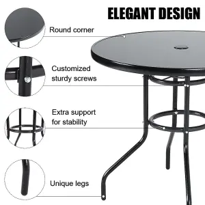 Black Round Tempered Glass Top Garden Bistro Dinging Table with Metal Frame and Umbrella Hole Outdoor 80 cm