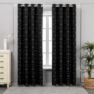 Deconovo Eyelet Blackout Curtains, Diamond Foil Printed Thermal Insulated Curtains for Boys Room, 52 x 72 Inch, Black, One Pair