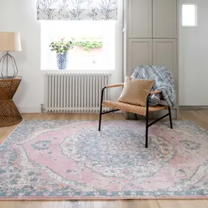 Pink Blue Pastel Traditional Medallion Living Area Rug 60x110cm