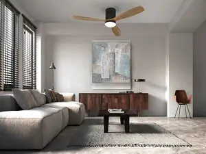 6 Speed Ultra Quiet Ceiling Fan Matt Black, Walnut Wood Blades with LED Light, Remote Control, Timer & Reversible Functions