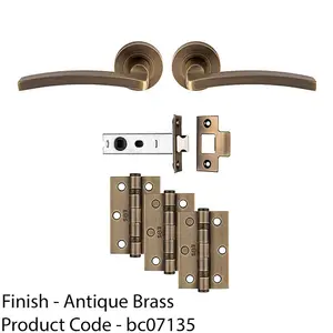 Premium Door Handle & Latch Pack - Antique Brass Slim Curved Lever Round Rose