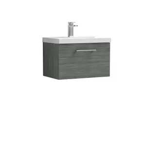 Wall Hung 1 Drawer Vanity Unit with Mid-Edge Ceramic Basin, 600mm - Woodgrain Anthracite