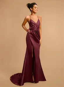 JJ's House Prom Dress Cabernet Sleeveless Long V-Neck Sheath Satin 2025