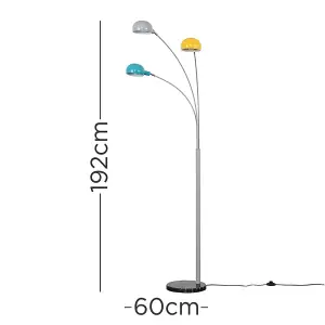 ValueLights 3 Way Grey Metal & Black Marble Base Curva Floor Lamp with Yellow, Blue & Grey Dome Shades LED Bulbs 3000K Warm White