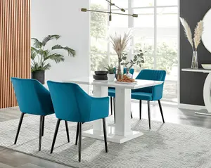 Furniturebox UK 4 Seater Dining Set - Imperia White High Gloss Dining Table and Chairs - 4 Blue Calla Black Leg Chairs