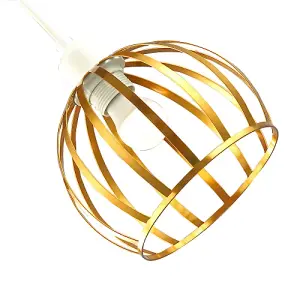 Vintage Round Cage Pendant Shade with Brushed Gold Metal Strips - Chic Design