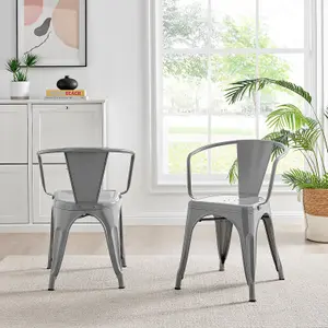 Furniturebox Set of 2 Grey Colton Tolix Style Stackable Industrial Metal Dining Chair with Arms