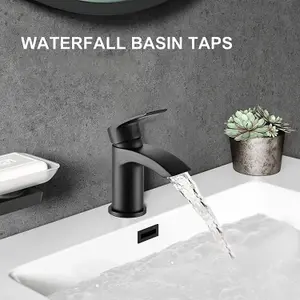 BATHWEST Matte Black Basin Mixer Tap Waterfall Bathroom Sink Taps Single Lever Mono Basin Taps