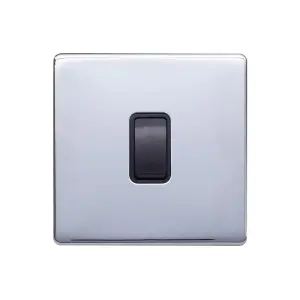 Polished Chrome Screwless Plate 10A 1 Gang 2 Way Light Switch - Black Trim - SE Home