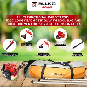 BU-KO 52cc Long Reach Petrol Multi Functional Garden Tool Including: Strimmer, Hedge Trimmer, 3x 1m Extension Poles and Tool Bag