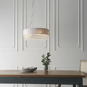 Luminosa Malmesbury Single Pendant Light Silver Grey Fabric, Clear Glass, Chrome Plate