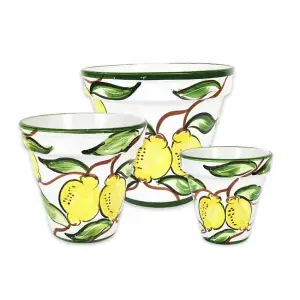 Lemons Hand Painted Set of 3 Outdoor Garden Patio Classic Plant Pots (D) 16-29cm