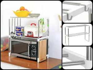 MantraRaj 2 Tier Microwave Oven Rack Stand Shelf Stainless Steel Shelves Rack for Storage Kitchen Organizer Expandable with 6 Hook