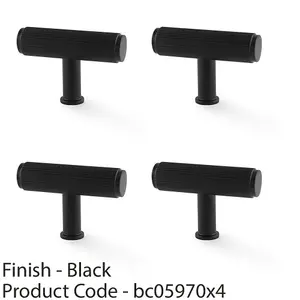 4 PACK - Reeded T Bar Cupboard Door Knob - 55mm x 38mm Matt Black Lined Pull Handle