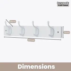 keypak 4 White Coat Hooks on White Wooden Board - 46cm Modern Wall Mounted Coat Rack Clothes Hanger