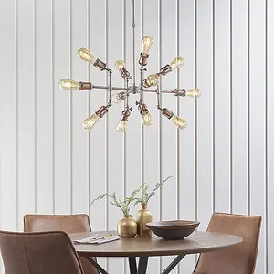 Luminosa Hal Large Industrial Style Multi Arm Pendant Light, Aged Pewter & Copper with Adjustable Heads