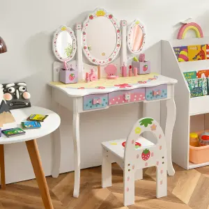 Costway Kids Vanity Table Chair Set Children Makeup Dressing Table w/ Tri-fold Mirror