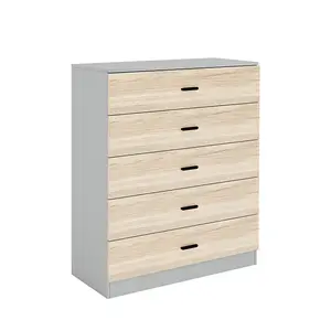 URBNLIVING Height 90.5cm 5 Drawer Wooden Bedroom Chest Cabinet Grey Carcass and Oak Drawers Modern Wide Storage Cupboard Closet