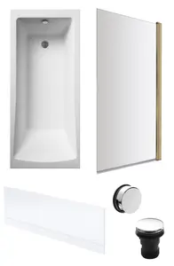 Square Single Ended Bath, Brushed Brass Screen, Front Panel, Chrome Waste-1700x700mm