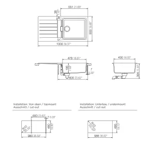 Cooke & Lewis Galvani Polished Grey Composite quartz 1 Bowl Sink & drainer 500mm x 1000mm