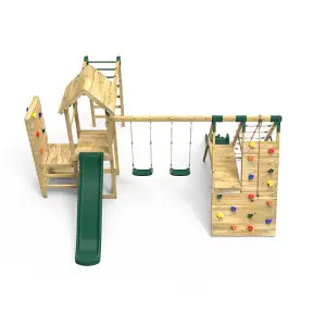 Rebo Wooden Climbing Frame with Vertical Rock Wall, Swing Set and Slide - Pennine+