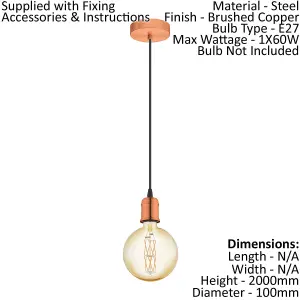 Hanging Ceiling Pendant Light Brushed Copper Steel 1x 60W E27 Bulb Feature